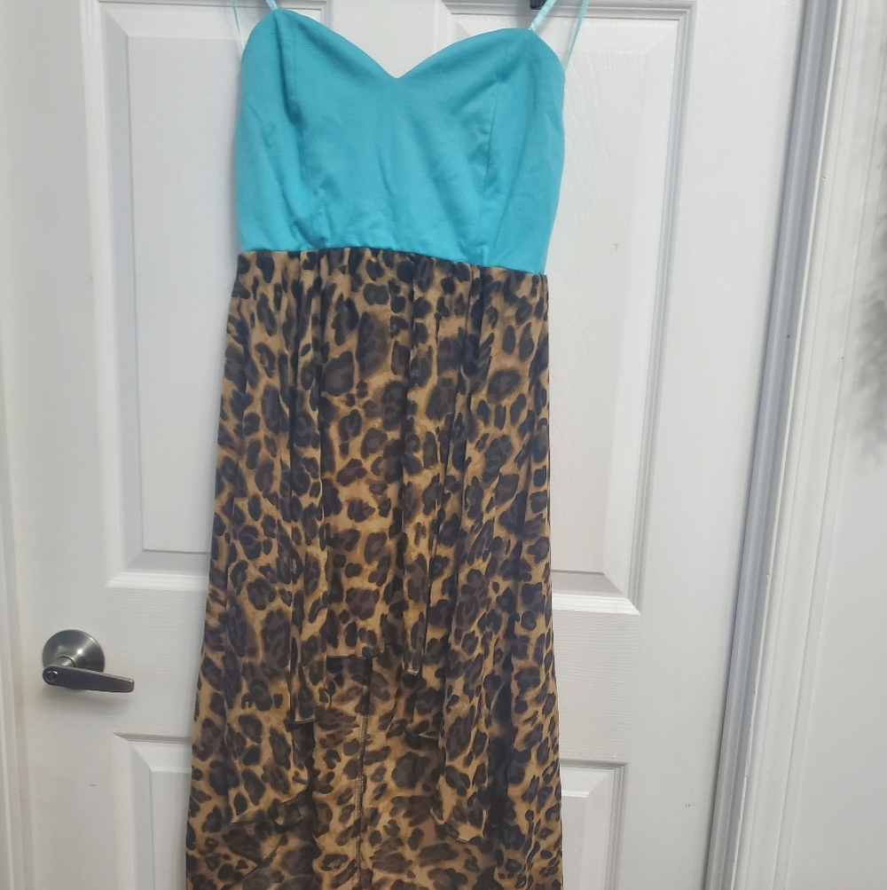 Streetwear Society - Blue and Leopard Print High Low Strapless Dress - SIZE M